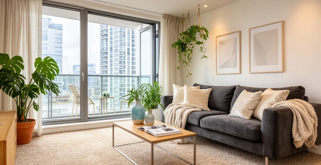 Salon d'appartement moderne meublé avec canapé et plantes vertes