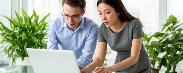 Deux personnes consultant un écran dans un bureau lumineux avec plantes vertes