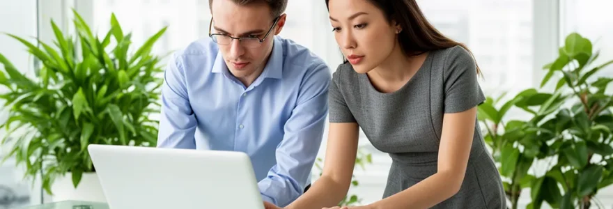 Deux personnes consultant un écran dans un bureau lumineux avec plantes vertes