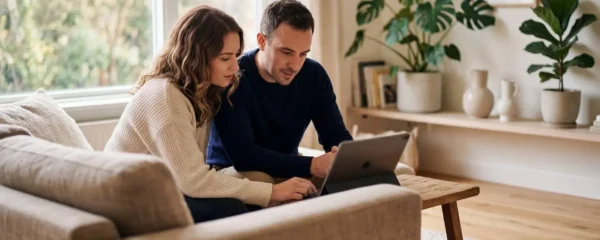 Un couple installé dans un canapé moderne consulte ensemble une tablette, expressions concentrées, intérieur lumineux avec grandes fenêtres
