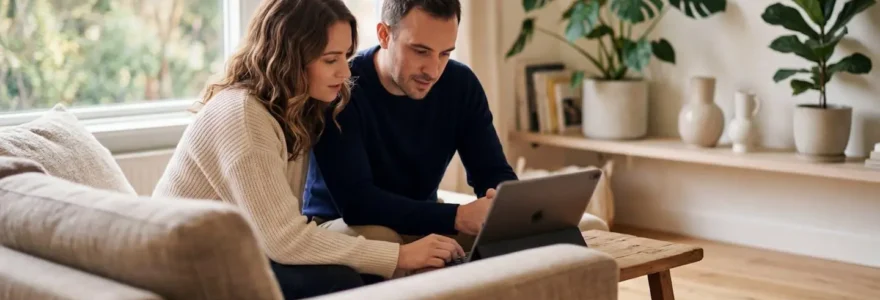 Un couple installé dans un canapé moderne consulte ensemble une tablette, expressions concentrées, intérieur lumineux avec grandes fenêtres