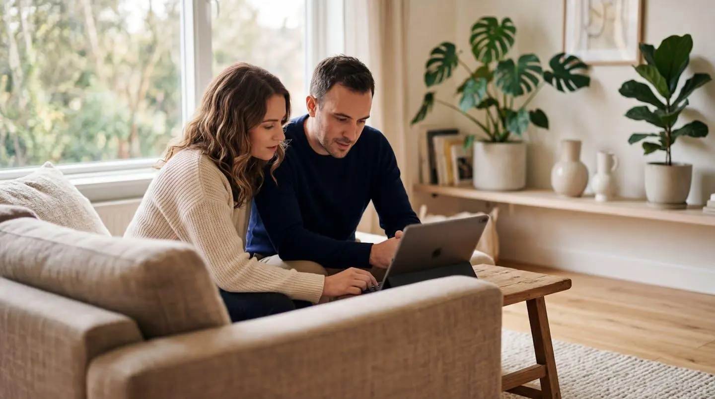 Un couple installé dans un canapé moderne consulte ensemble une tablette, expressions concentrées, intérieur lumineux avec grandes fenêtres