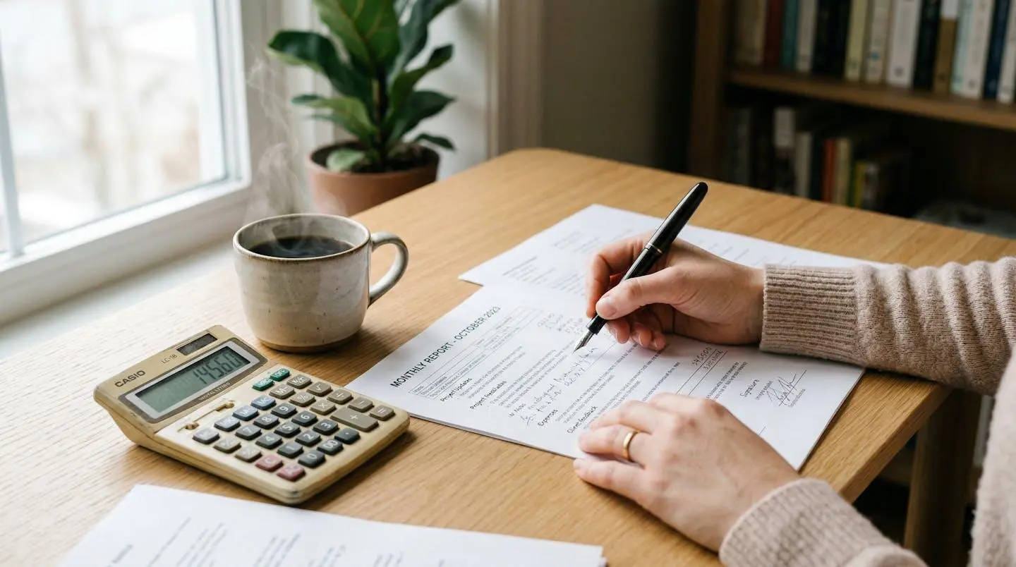 Mains tenant un stylo au-dessus de documents officiels, calculatrice vintage et tasse de café sur un bureau épuré en bois clair