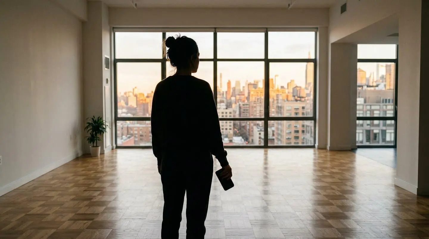 Personne de dos face à une grande fenêtre lumineuse, smartphone en main, appartement vide suggérant une visite immobilière