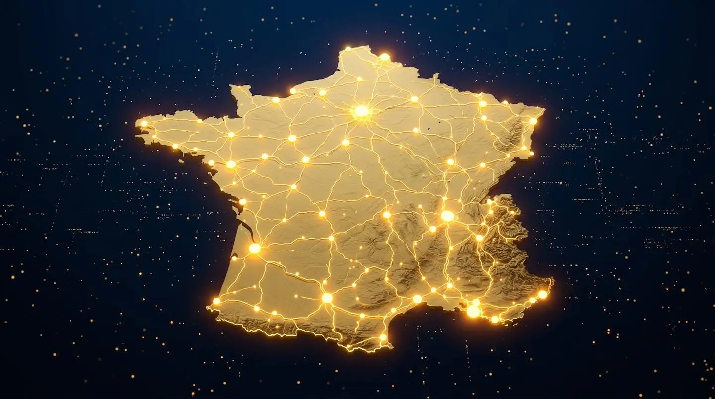 Carte stylisée de la France avec réseau de points lumineux dorés interconnectés symbolisant la couverture nationale d'un réseau d'agences.