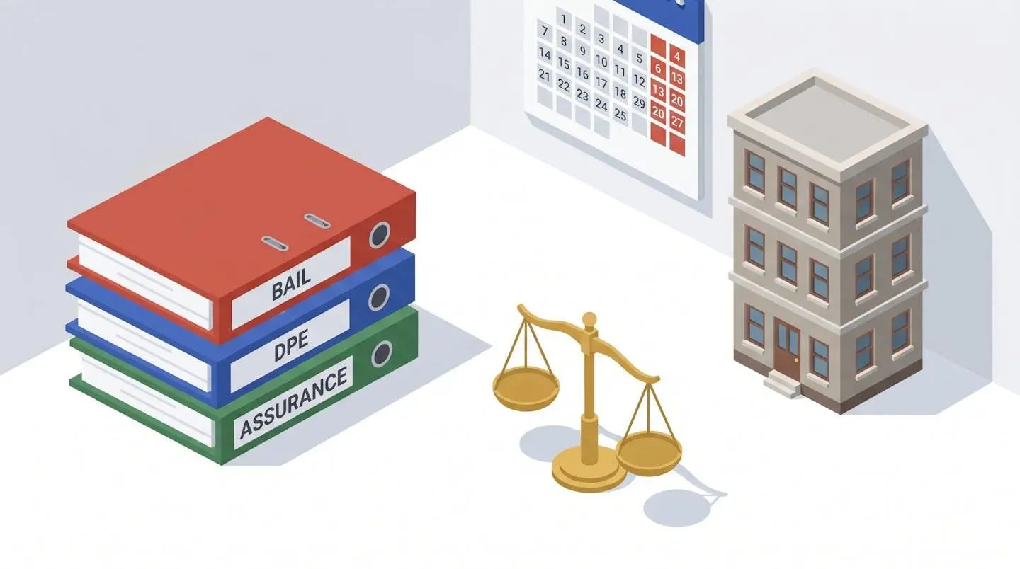 Illustration isométrique d'un bureau avec pile de dossiers administratifs colorés, calendrier avec échéances, balance de justice et maquette d'immeuble.