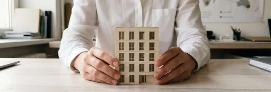 Deux mains tenant délicatement une maquette d'immeuble résidentiel sur un bureau en bois clair, avec un réseau de points connectés en arrière-plan flou.