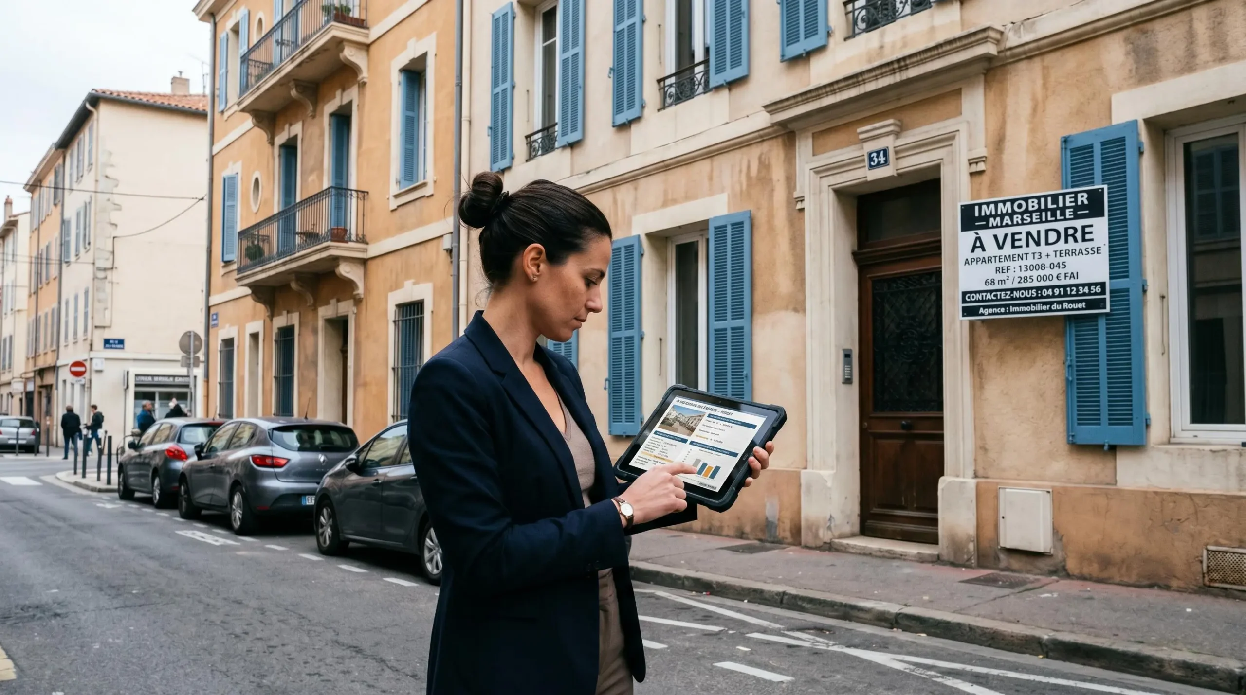 Agente immobilière consultant des données de prix sur tablette devant un immeuble résidentiel du quartier du Rouet à Marseille