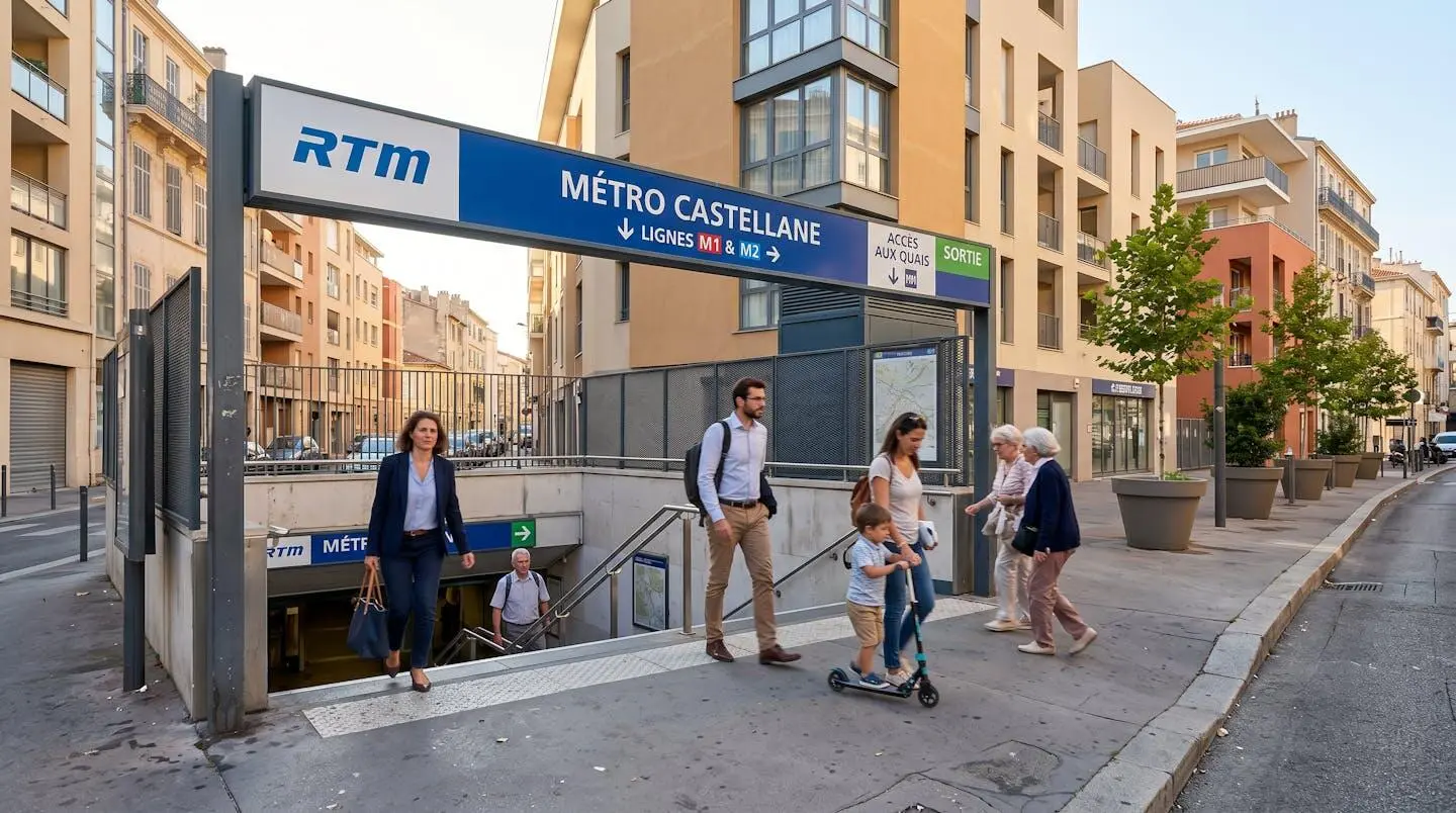 Entrée de la station de métro Castellane à Marseille avec usagers et signalétique RTM, desservant le quartier du Rouet