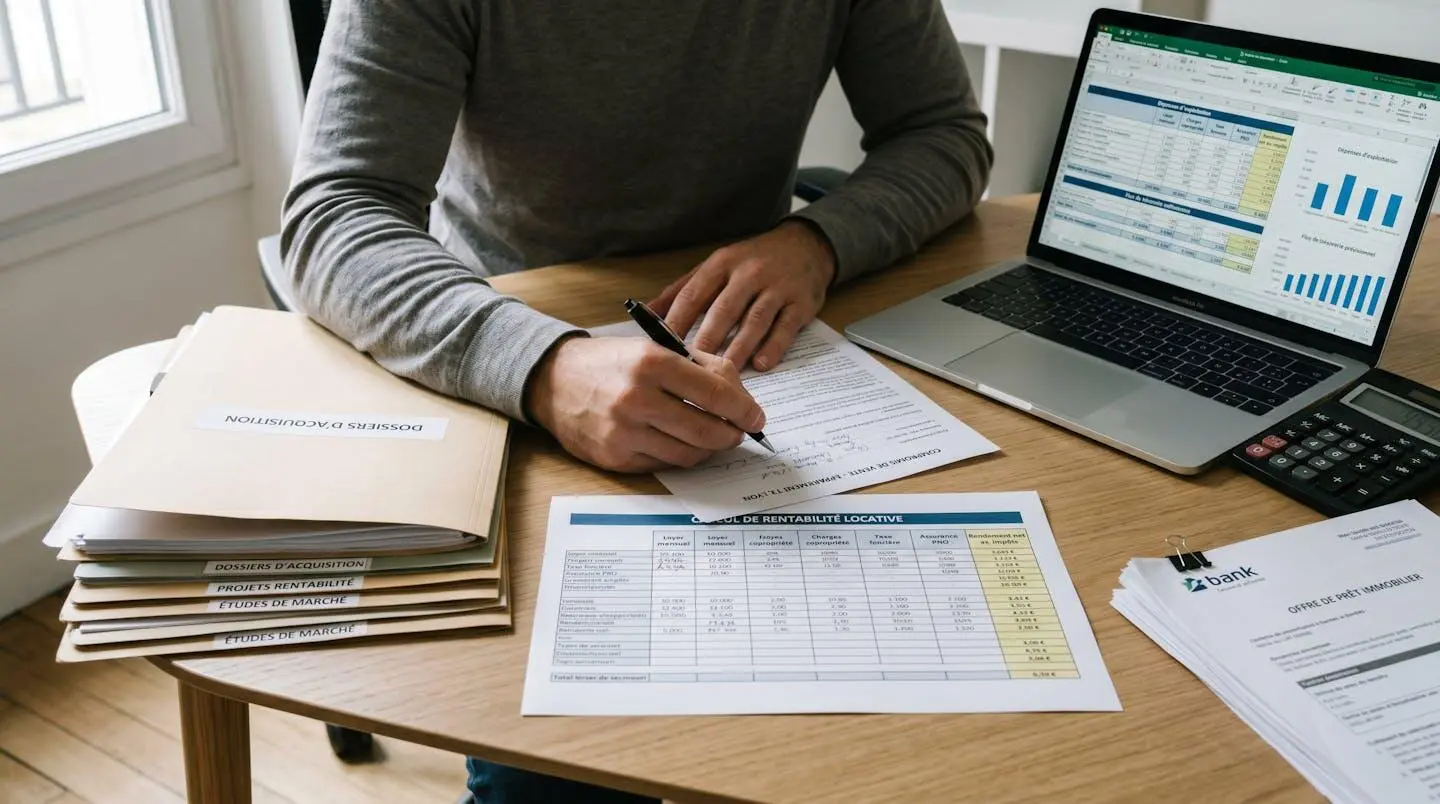 Espace de travail avec documents de calcul de rentabilité locative, compromis de vente et calculatrice pour investissement immobilier