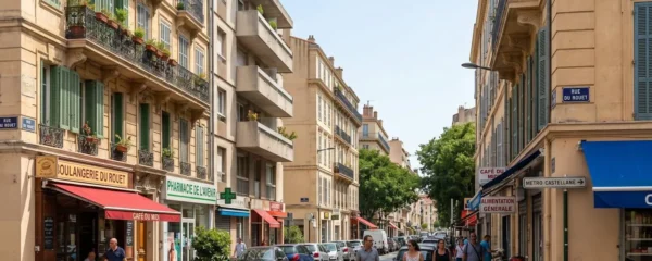 Vue d'une rue typique du quartier du Rouet à Marseille 8ème arrondissement, avec immeubles haussmanniens et modernes, commerces de proximité et piétons