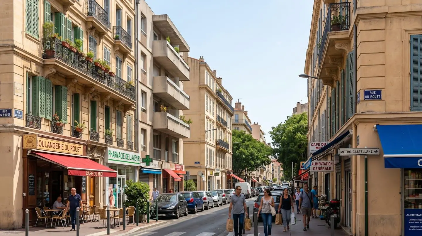 Vue d'une rue typique du quartier du Rouet à Marseille 8ème arrondissement, avec immeubles haussmanniens et modernes, commerces de proximité et piétons